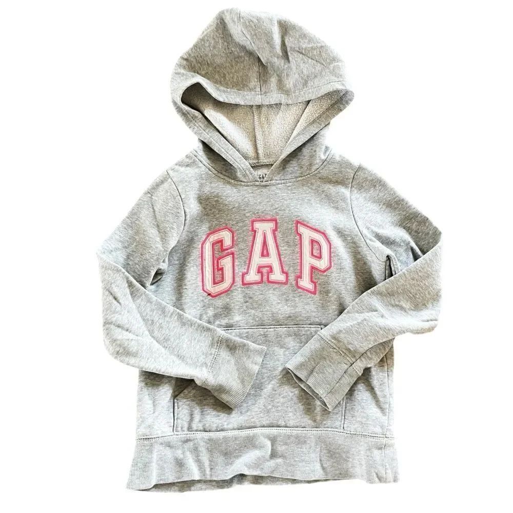 GAP Kids Girls Gray Hooded Sweatshirt with Pink Logo and Kangaroo Pocket 6-7